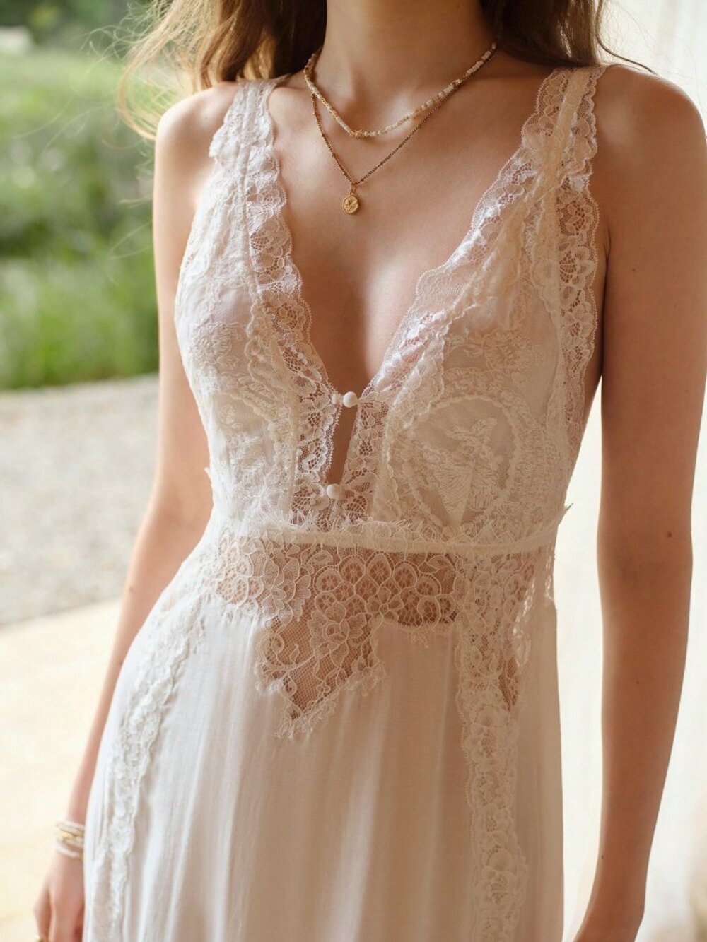 White Romantic Women's Premium Lace Patchwork Long Sleep slip Dress